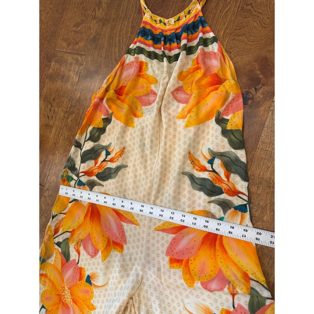 Farm Rio Tropical Floral Wide Leg Halter Jumpsuit Sz L Yellow Boho Anthropologie - Picture 10 of 16